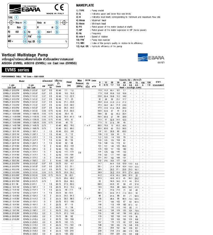 ปั๊มหอยโข่ง Ebara EVMS5 11F5/2.2 ปั๊มน้ำหลายใบพัดแบบตั้ง 1 นิ้ว 1 ทับ 4 x 1 นิ้ว 1 ทับ 4