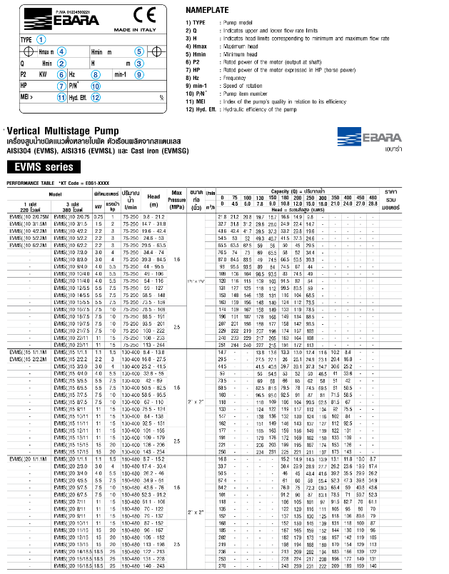 ปั๊มหอยโข่ง Ebara EVMS15 13F5/11 ปั๊มน้ำหลายใบพัดแบบตั้ง 2 นิ้ว x 2 นิ้ว