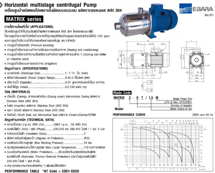 ปั๊มหอยโข่ง Ebara MATRIX 3-5T/0.75M ปั๊มน้ำหลายใบพัดแนวนอน 1 นิ้ว X 1 นิ้ว