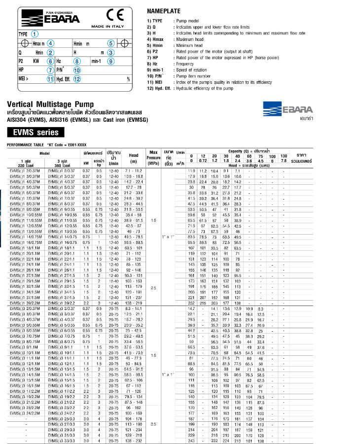 ปั๊มหอยโข่ง Ebara EVMS5 19F5/4 ปั๊มน้ำหลายใบพัดแบบตั้ง 1 นิ้ว 1 ทับ 4 x 1 นิ้ว 1 ทับ 4