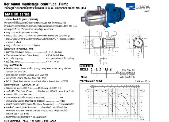 ปั๊มหอยโข่ง Ebara MATRIX 5-9T/2.2M ปั๊มน้ำหลายใบพัดแนวนอน 1 นิ้ว 1 ทับ 4 x 1 นิ้ว