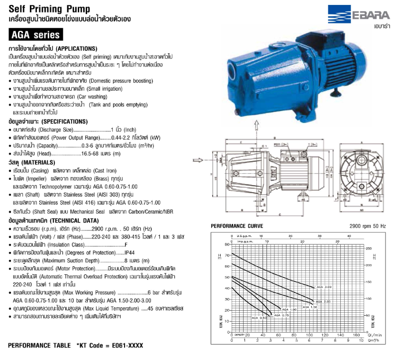 ปั๊มหอยโข่ง Ebara AGA-1.00M SELF PRIMMING (1HP 2สาย) 1 นิ้ว x 1 นิ้ว