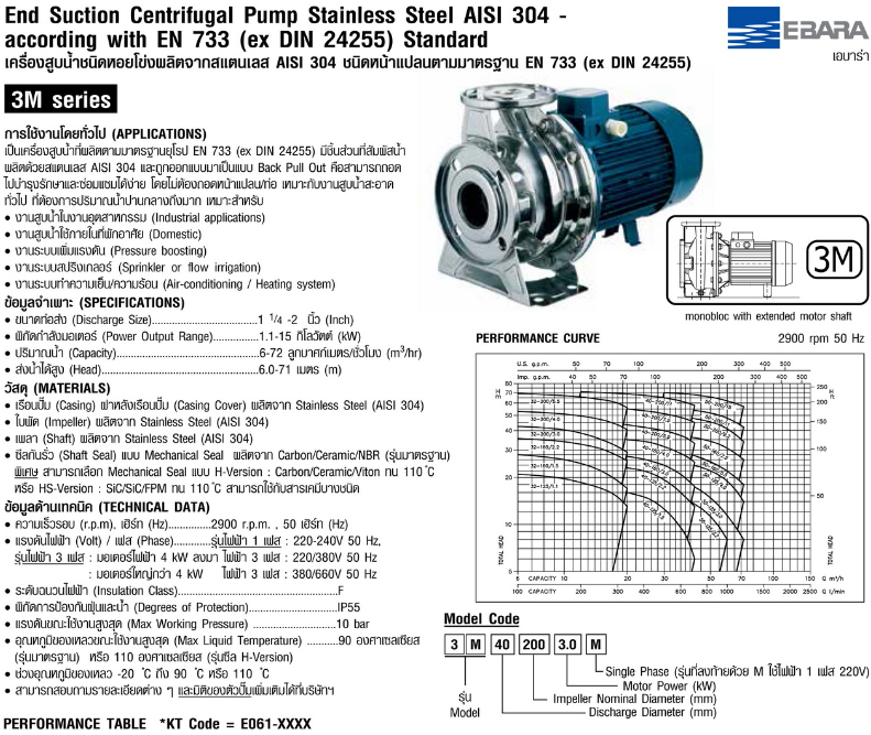 ปั๊มหอยโข่ง Ebara 3M 50-125/2.2 ปั๊มแสตนเลส - 3สาย 380V 2 นิ้ว x 2 นิ้ว 