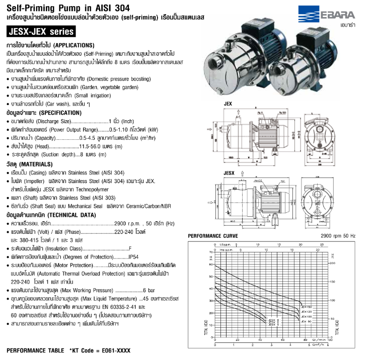 ปั๊มหอยโข่ง Ebara JEXM-100 SELF-PRIMING SS304 (1HP 2สาย) 1 นิ้ว 1 ทับ 4 x 1 นิ้ว