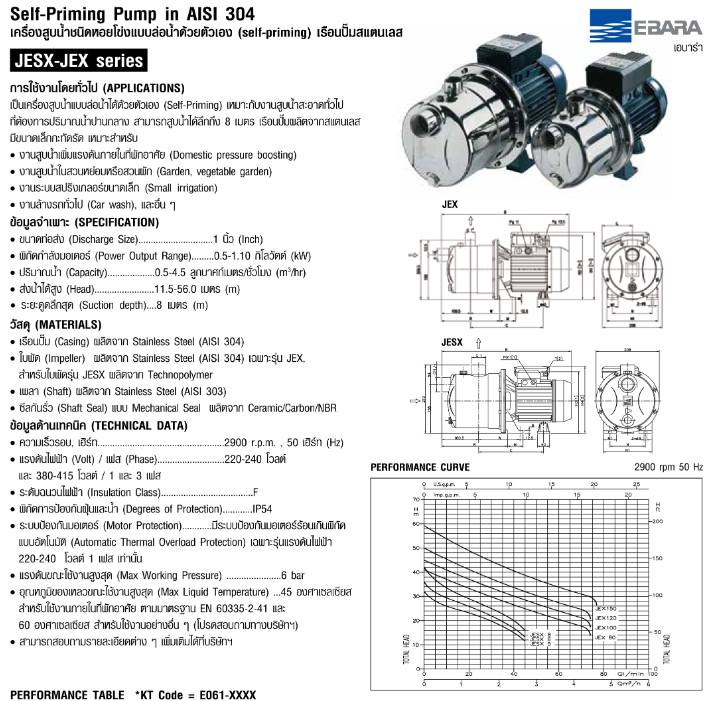 ปั๊มหอยโข่ง Ebara JESXM-6 SELF-PRIMING SS304 (0.6HP 2สาย) 1 นิ้ว x 1 นิ้ว