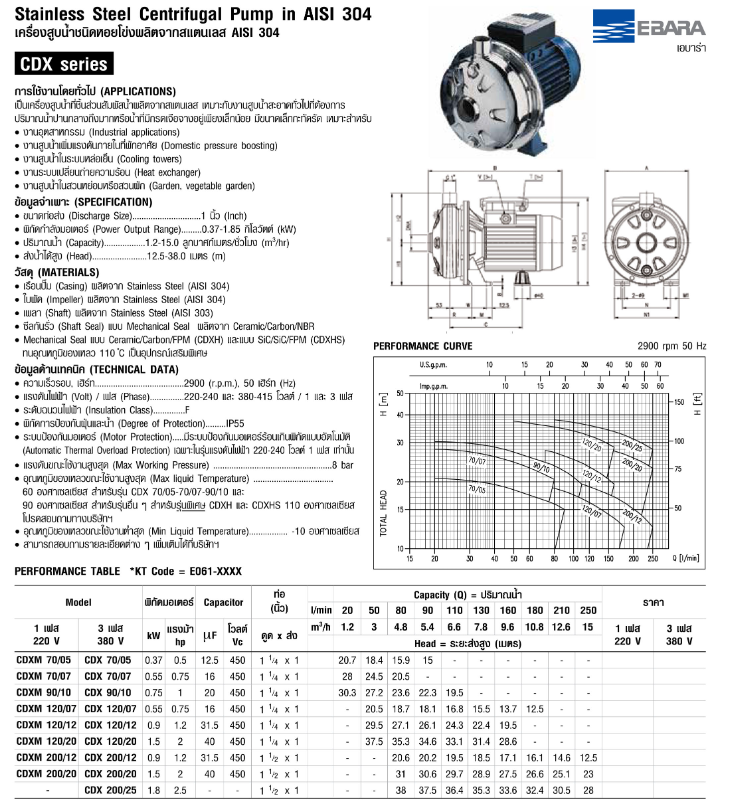 ปั๊มหอยโข่ง Ebara CDX-120/12 ปั๊ม SS304 ใบพัดเดี่ยว 3 สาย 380V 1 นิ้ว 1 ทับ 4 x 1นิ้ว