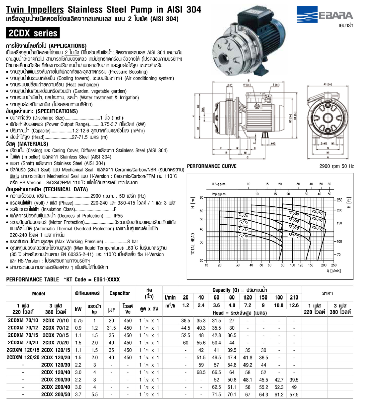 ปั๊มหอยโข่ง Ebara 2CDXM-70/10 ปั๊ม SS304 ใบพัดคู่ 2 สาย 1 นิ้ว 1 ทับ 4 x 1นิ้ว