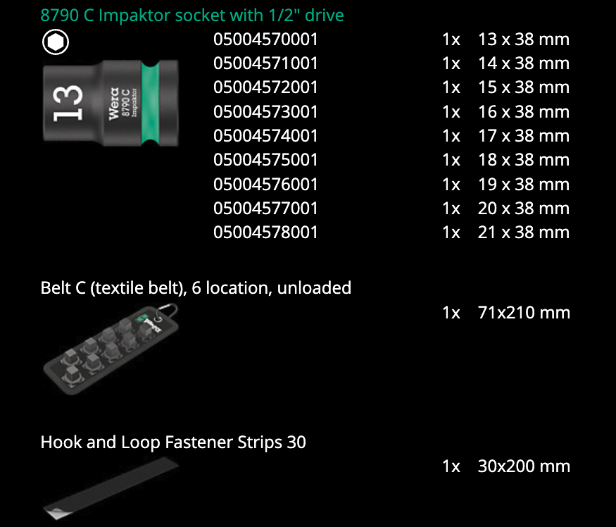 ชุดลูกบล็อก Wera Belt C Impaktor 1 socket set 1/2 05004580001 ชุด 10 ชิ้น