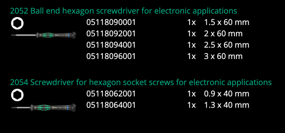 ชุดไขควงเล็ก Wera 2052/6 Hexagon screwdriver set 05118156001 ชุด 6 ชิ้น