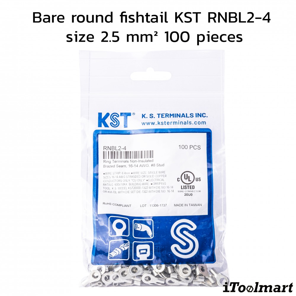 หางปลากลมเปลือย KST RNBL2 4 ขนาด 2 5 mm² 100 ตัว หางปลากลมเปลือย KST RNBL2 4 ขนาด 2 5 mm² 100 ตัว