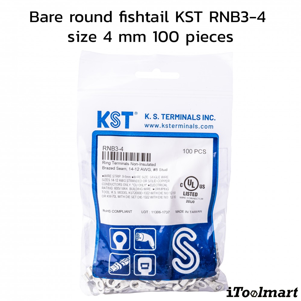 หางปลากลมเปลือย KST RNB3 4 ขนาด 4 mm² 100 ตัว หางปลากลมเปลือย KST RNB3 4 ขนาด 4 mm² 100 ตัว