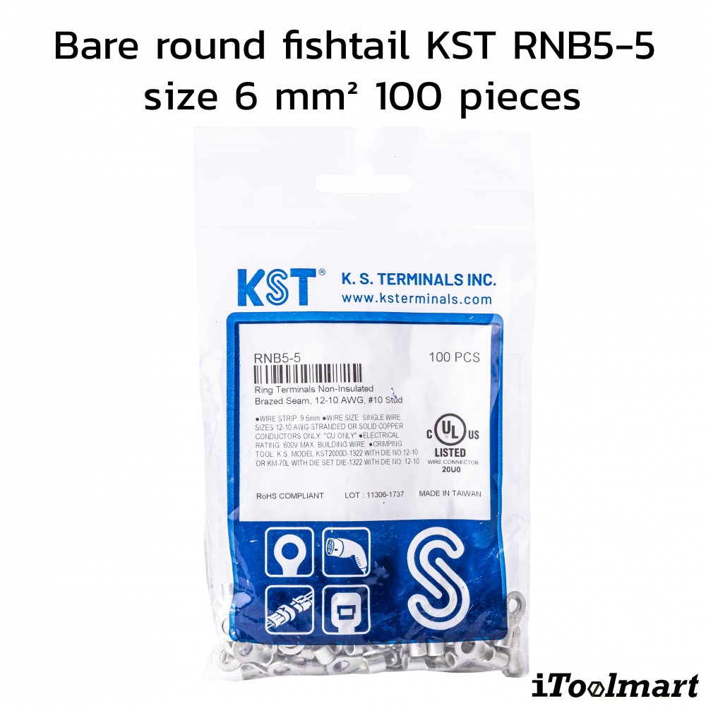หางปลากลมเปลือย KST RNB5 5 ขนาด 6 mm² 100 ตัว หางปลากลมเปลือย KST RNB5 5 ขนาด 6 mm² 100 ตัว