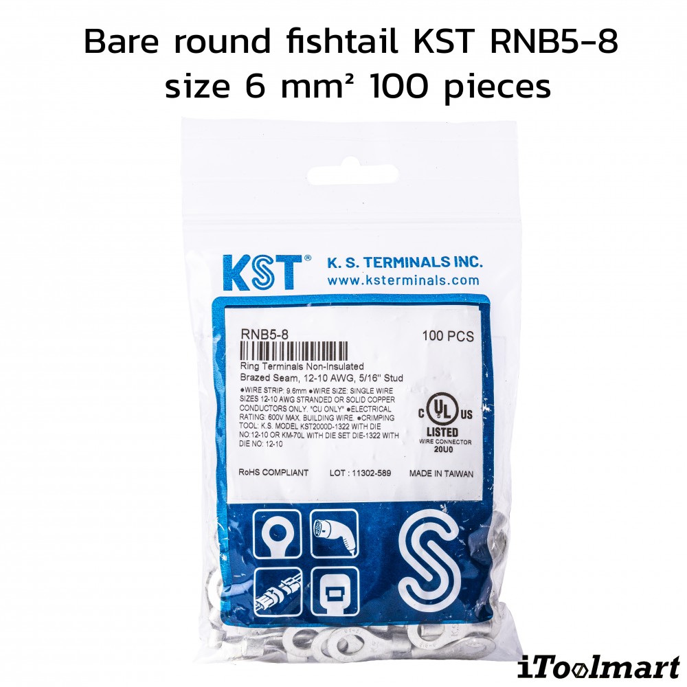 หางปลากลมเปลือย KST RNB5 8 ขนาด 6 mm² 100 ตัว หางปลากลมเปลือย KST RNB5 8 ขนาด 6 mm² 100 ตัว