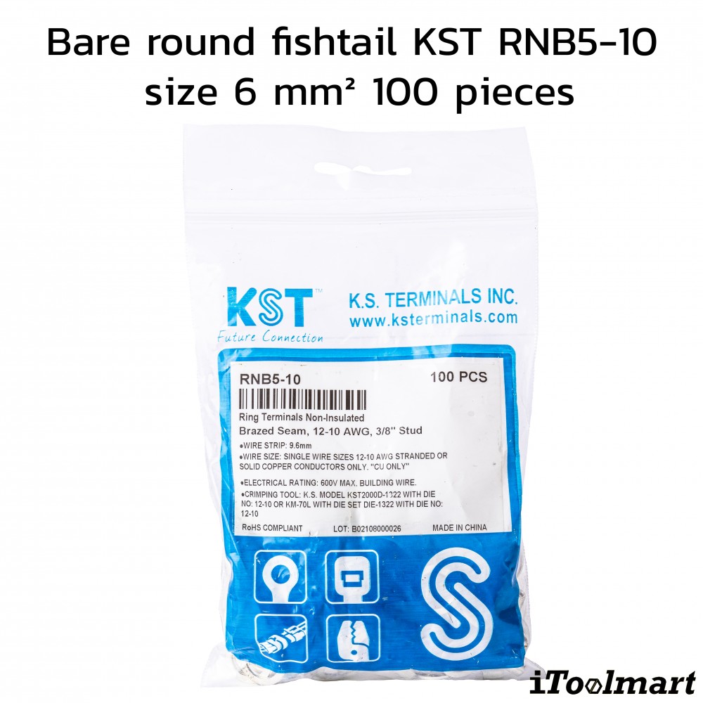 หางปลากลมเปลือย KST RNB5 10 ขนาด 6 mm² 100 ตัว หางปลากลมเปลือย KST RNB5 10 ขนาด 6 mm² 100 ตัว