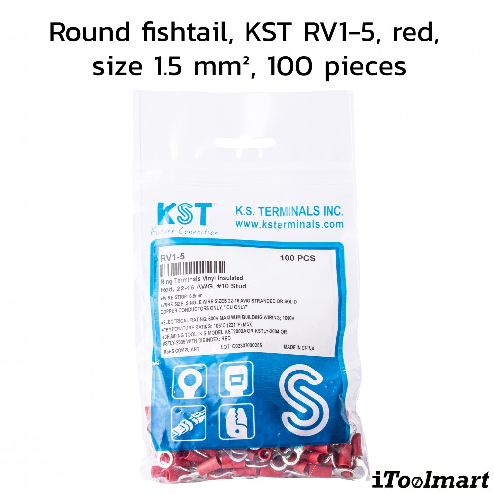หางปลากลมหุ้ม KST RV1 5 สีแดง ขนาด 1 5 mm² 100 ตัว