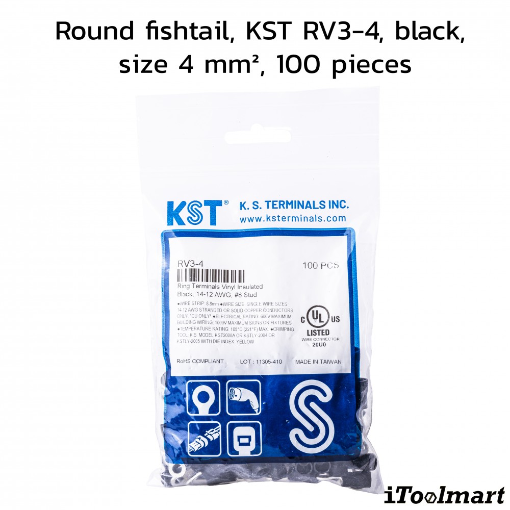 หางปลากลมหุ้ม KST RV3 4 สีดำ ขนาด 4 mm² 100 ตัว หางปลากลมหุ้ม KST RV3 4 สีดำ ขนาด 4 mm² 100 ตัว