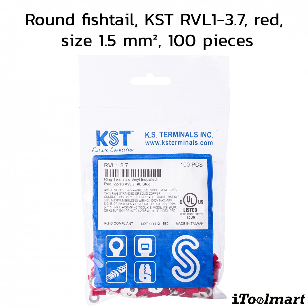 หางปลากลมหุ้ม KST RVL1 3 7 สีแดง ขนาด 1 5 mm² 100 ตัว