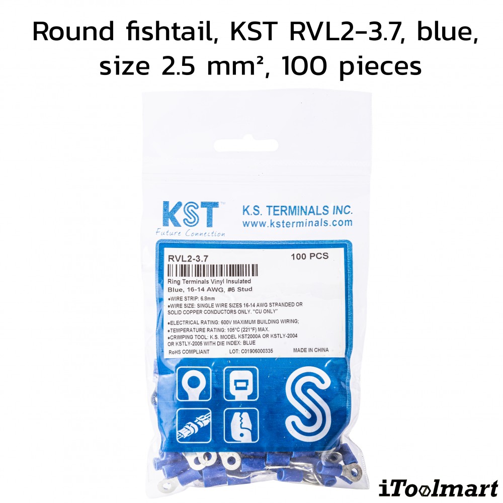 หางปลากลมหุ้ม KST RVL2 3 7 สีน้ำเงิน ขนาด 2 5 mm² 100 ตัว หางปลากลมหุ้ม KST RVL2 3 7 สีน้ำเงิน ขนาด 2 5 mm² 100 ตัว