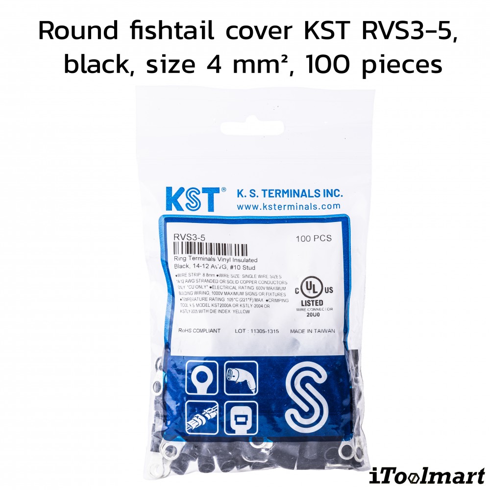 หางปลากลมหุ้ม KST RVS3 5 สีดำ ขนาด 4 mm² 100 ตัว หางปลากลมหุ้ม KST RVS3 5 สีดำ ขนาด 4 mm² 100 ตัว