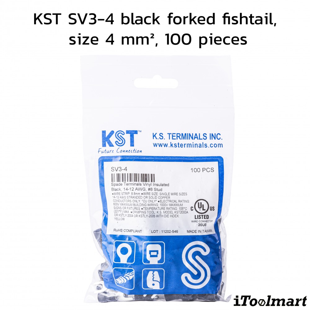 หางปลาแฉกหุ้ม KST SV3 4 สีดำ ขนาด 4 mm² 100 ตัว หางปลาแฉกหุ้ม KST SV3 4 สีดำ ขนาด 4 mm² 100 ตัว