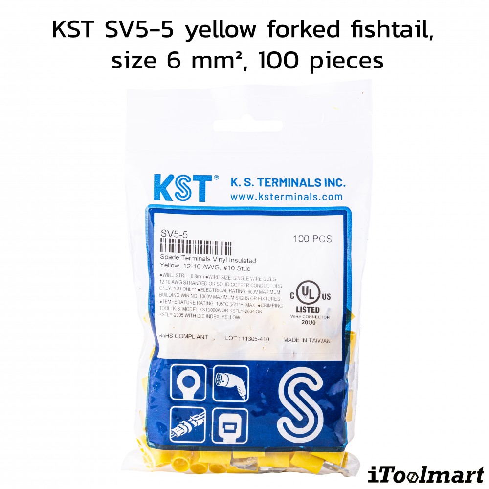 หางปลาแฉกหุ้ม KST SV5 5 สีเหลือง ขนาด 6 mm² 100 ตัว หางปลาแฉกหุ้ม KST SV5 5 สีเหลือง ขนาด 6 mm² 100 ตัว