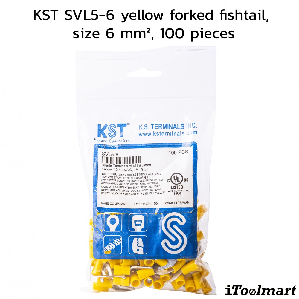 หางปลาแฉกหุ้ม KST SVL5 6 สีเหลือง ขนาด 6 mm² 100 ตัว หางปลาแฉกหุ้ม KST SVL5 6 สีเหลือง ขนาด 6 mm² 100 ตัว
