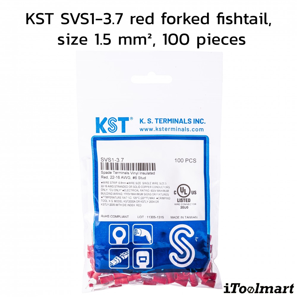 หางปลาแฉกหุ้ม KST SVS1 3 7 สีแดง ขนาด 1 5 mm² 100 ตัว