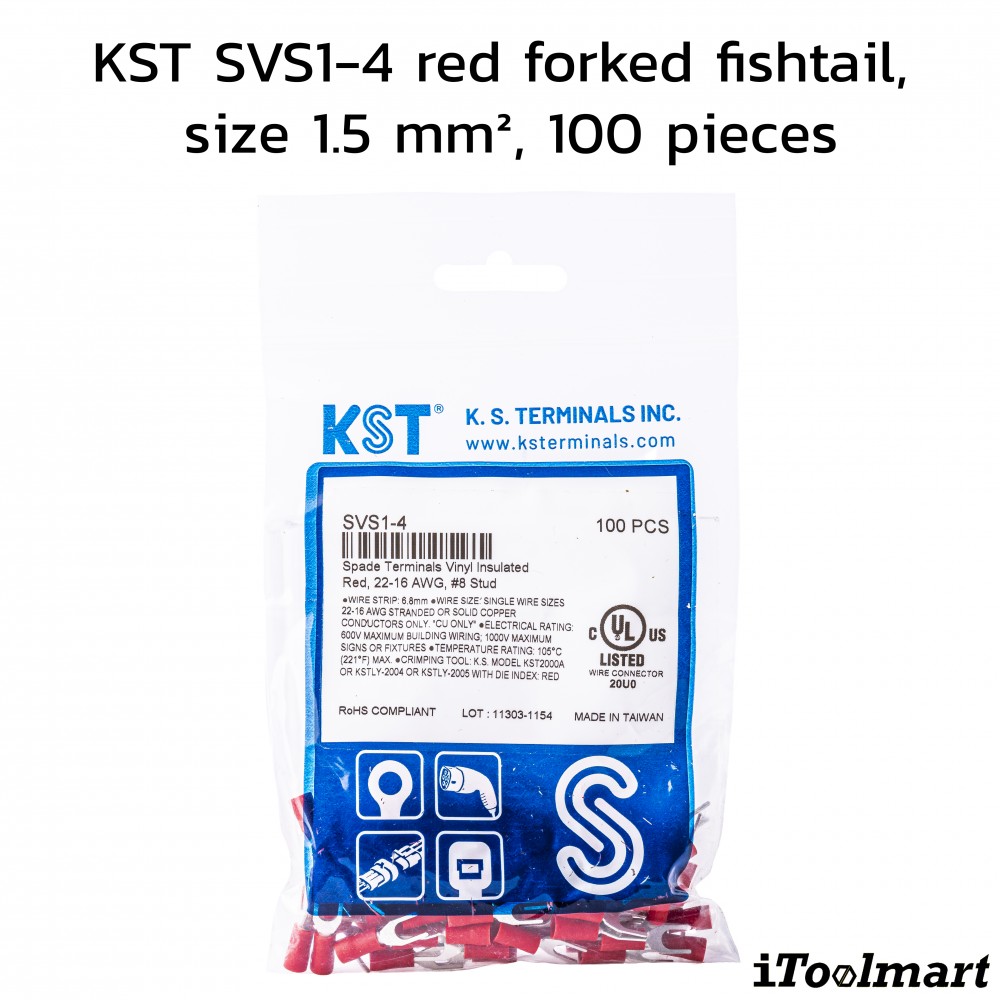 หางปลาแฉกหุ้ม KST SVS1 4 สีแดง ขนาด 1 5 mm² 100 ตัว