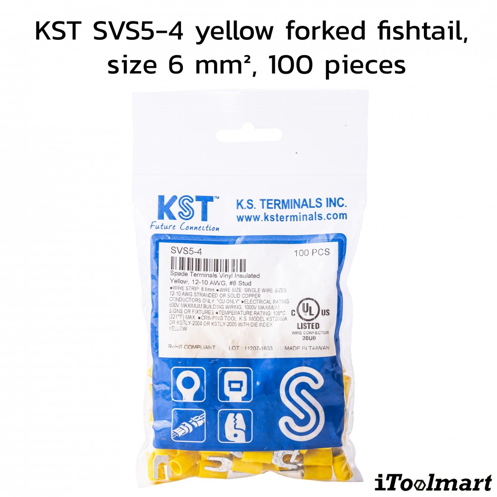 หางปลาแฉกหุ้ม KST SVS5 4 สีเหลือง ขนาด 6 mm² 100 ตัว หางปลาแฉกหุ้ม KST SVS5 4 สีเหลือง ขนาด 6 mm² 100 ตัว