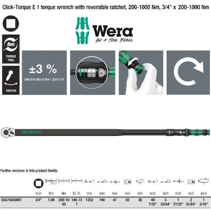ประแจปอนด์ Wera Click Torque E 1 ขนาด 3 4 นิ้ว 05075630001 200   1000 Nm