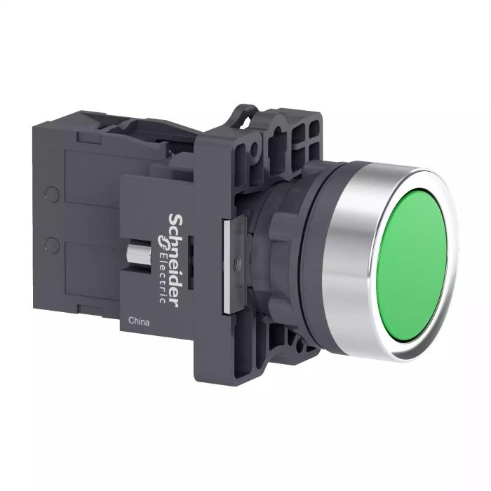 สวิตซ์ปุ่มกด SCHNEIDER XA2EH031 แบบหัวเรียบ กดค้าง ขนาด 22 มม 1NO สีเขียว