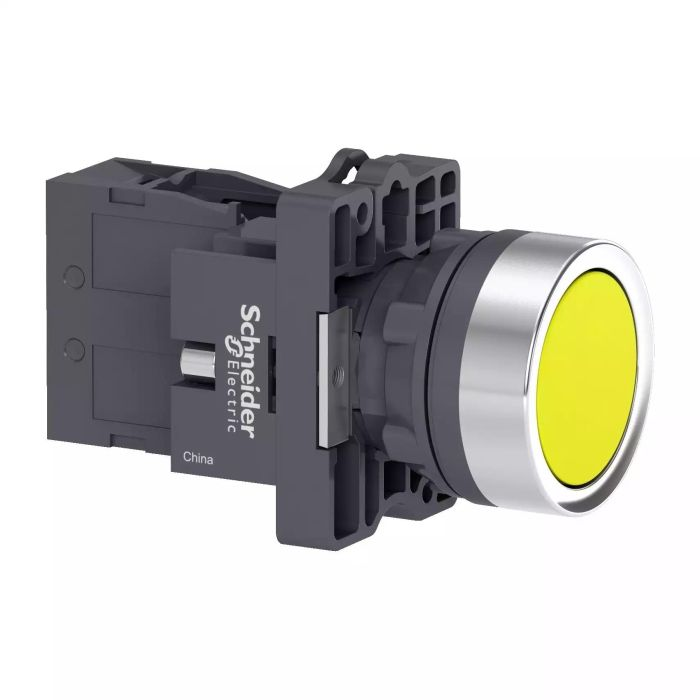 สวิตซ์ปุ่มกด SCHNEIDER XA2EH051 แบบหัวเรียบ กดค้าง ขนาด 22 มม 1NO สีเหลือง