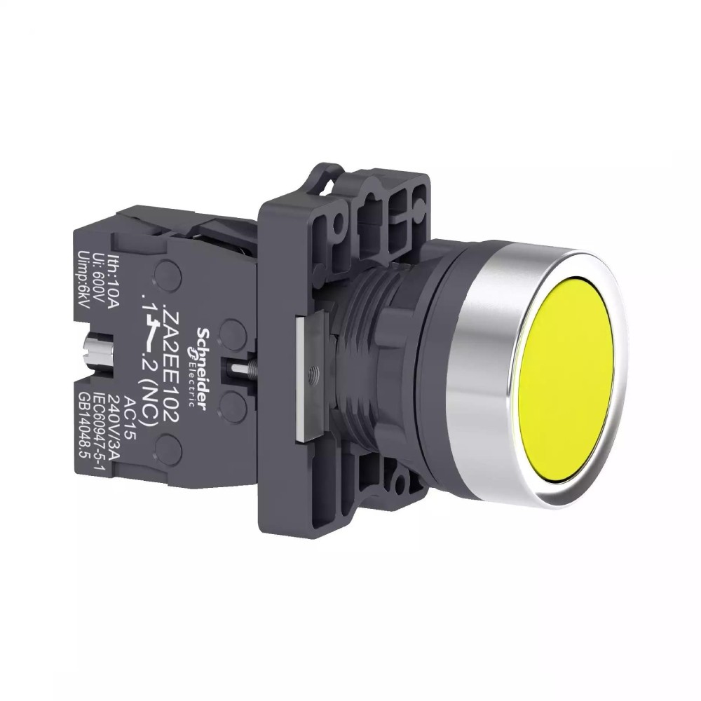 สวิตซ์ปุ่มกด SCHNEIDER XA2EA51 แบบหัวเรียบ กดเด้งกลับ ขนาด 22 มม  1NO สีเหลือง