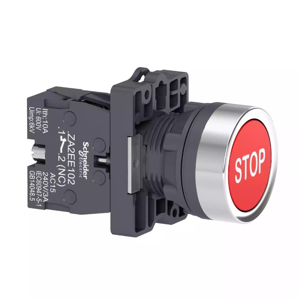 สวิตซ์ปุ่มกด SCHNEIDER XA2EA4342 แบบหัวเรียบมีสัญลักษณ์  STOP  กดเด้งกลับ ขนาด 22 มม  1NC สีแดง