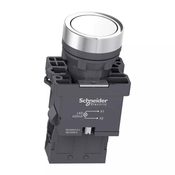 สวิตซ์ปุ่มกด SCHNEIDER XA2EW31M1 แบบหัวเรียบ กดเด้งกลับ มีไฟ LED 1NO ใช้ไฟ 220V AC สีขาว