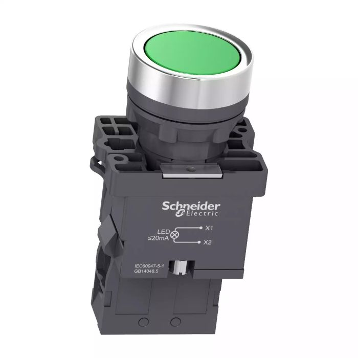 สวิตซ์ปุ่มกด SCHNEIDER XA2EW33M1 แบบหัวเรียบ กดเด้งกลับ มีไฟ LED 1NO ใช้ไฟ 220V AC สีเขียว