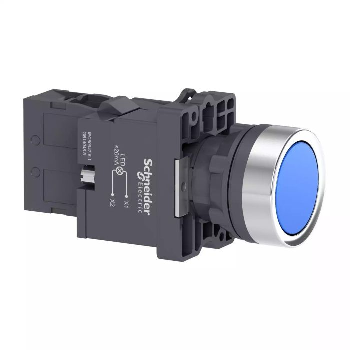สวิตซ์ปุ่มกด SCHNEIDER XA2EW36M1 แบบหัวเรียบ กดเด้งกลับ มีไฟ LED 1NO ใช้ไฟ 220V AC สีน้ำเงิน