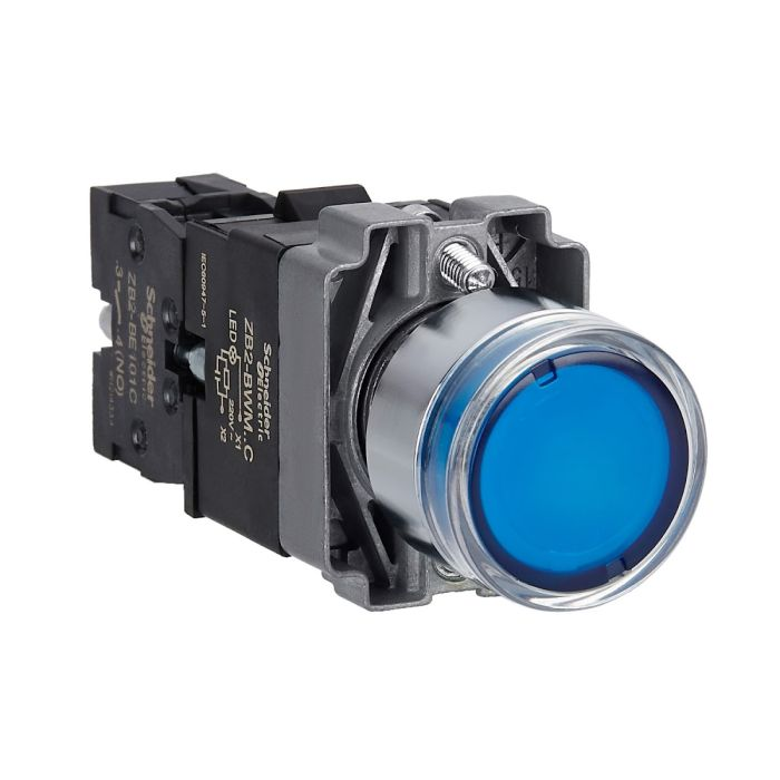 สวิตซ์ปุ่มกด SCHNEIDER XB2BW36M1C มีไฟ แรงดัน 220 V 1NO สีน้ำเงิน