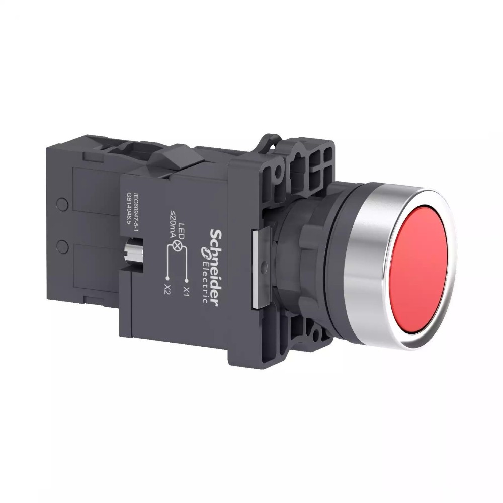 สวิตซ์ปุ่มกด SCHNEIDER XA2EW34M1 แบบหัวเรียบ กดเด้งกลับ มีไฟ LED 1NO แรงดัน 220V AC สีแดง