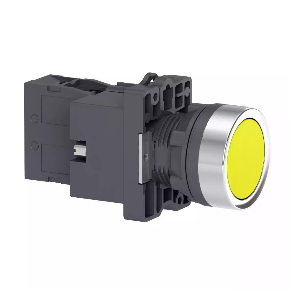 สวิตซ์ปุ่มกด SCHNEIDER XA2EW35B1 แบบหัวเรียบ กดเด้งกลับ มีไฟ LED 1NO แรงดัน 24V AC สีเหลือง
