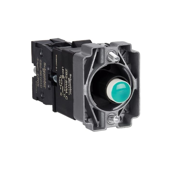 ปุ่มกด SCHNEIDER ZB2BWM31C XB2 แบบมีไฟติด หลอด BA9S แรงดัน 230V 1NO สีเขียว