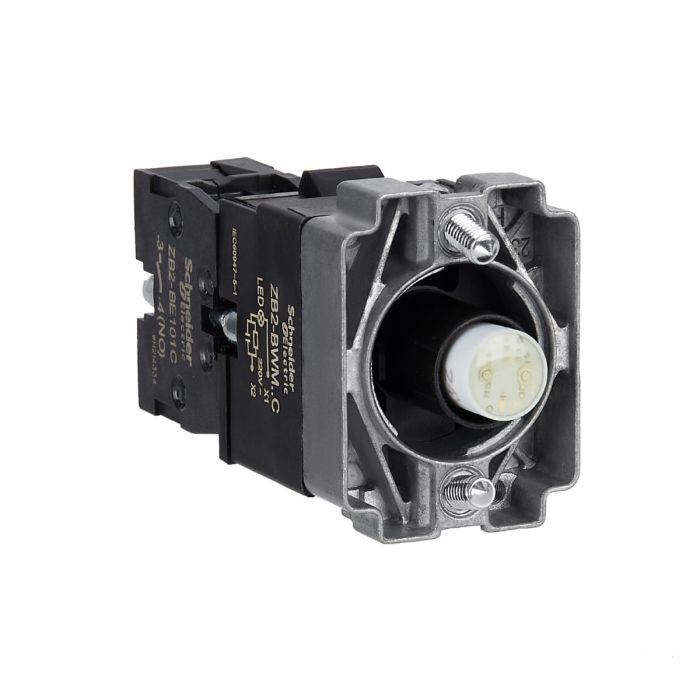 ปุ่มกด SCHNEIDER ZB2BWM51C XB2 แบบมีไฟติด หลอด BA9S แรงดัน 230V 1NO สีส้ม