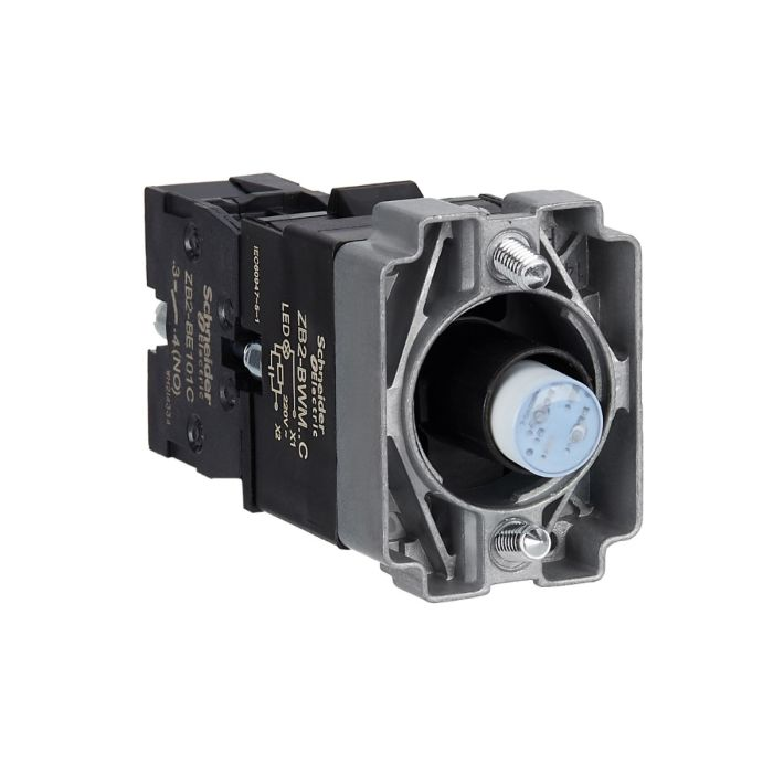 ปุ่มกด SCHNEIDER ZB2BWM61C XB2 แบบมีไฟติด หลอด BA9S แรงดัน 230V 1NO สีน้ำเงิน