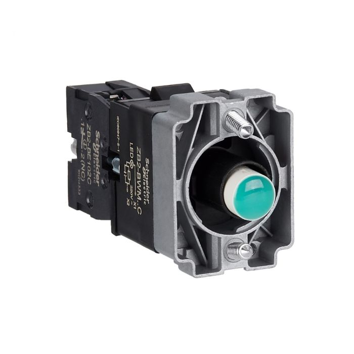 ปุ่มกด SCHNEIDER ZB2BWM32C XB2 แบบมีไฟติด หลอด BA9S แรงดัน 230V 1NC สีเขียว