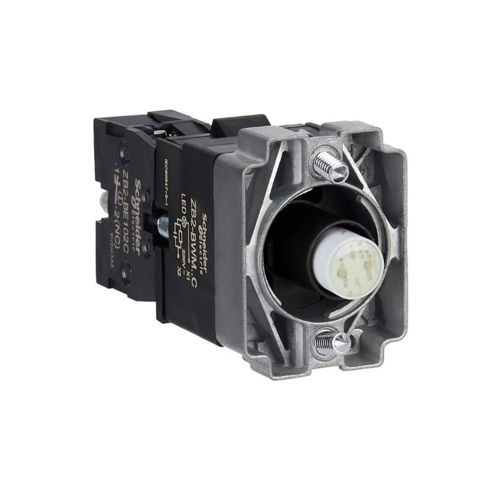 ปุ่มกด SCHNEIDER ZB2BWM52C XB2 แบบมีไฟติด หลอด BA9S แรงดัน 230V 1NC สีส้ม