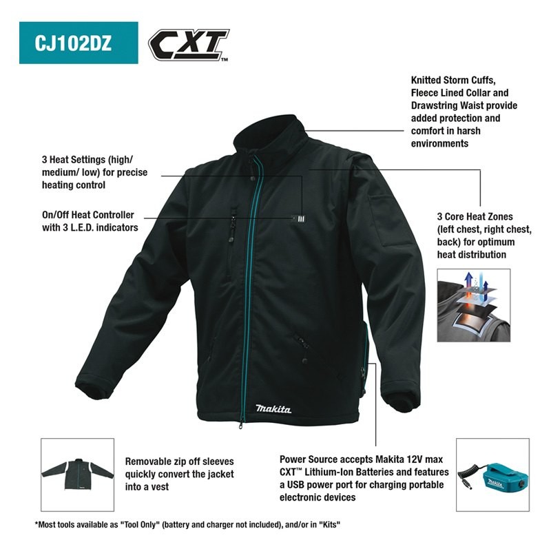 เสื้อทำความร้อน ไร้สาย MAKITA CJ102DZXL SIZE XL 12V. (เฉพาะเสื้อเปล่า) Wireless heating shirt (SOLO)