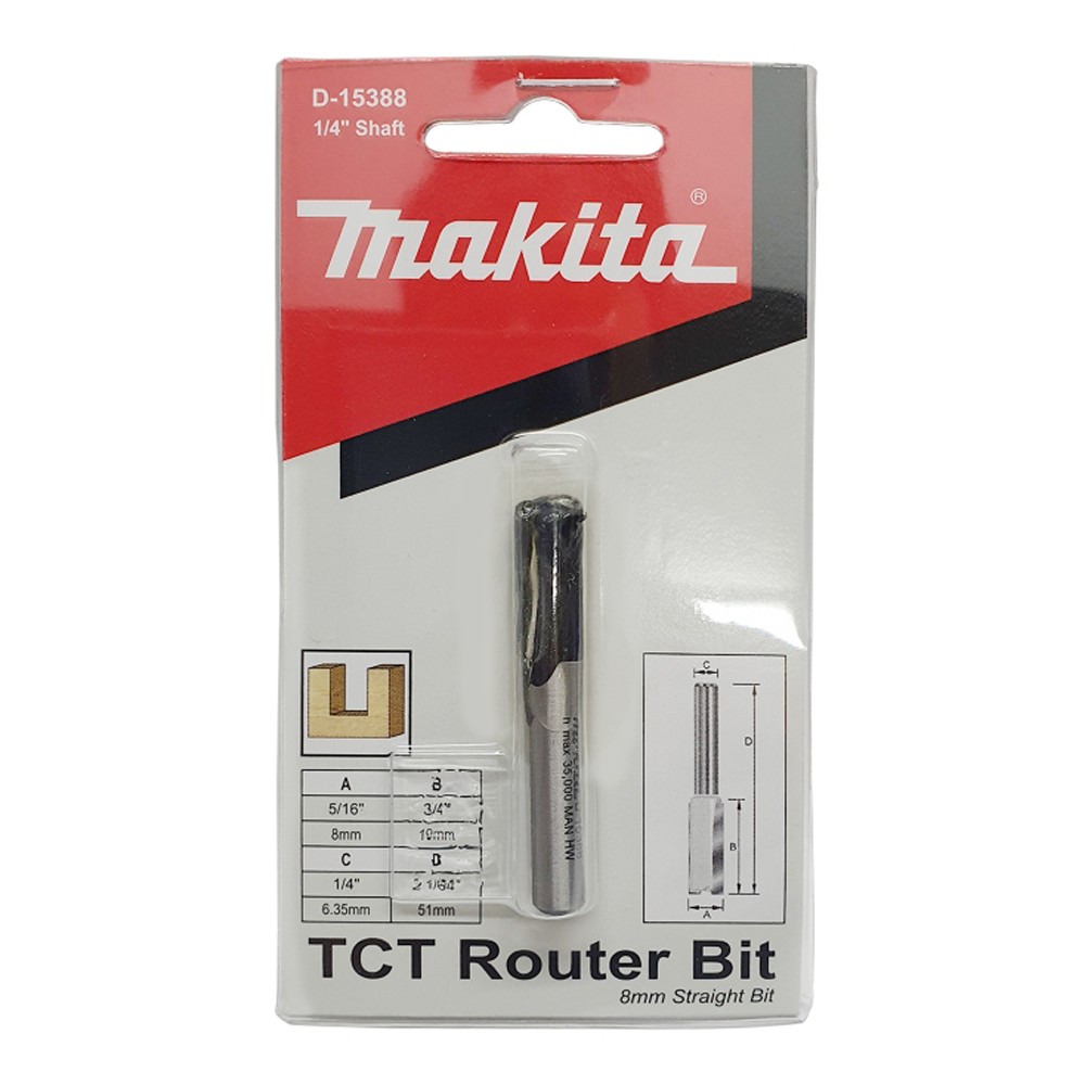 ดอกเร้าเตอร์ Straight Bit 1/4 นิ้ว 8x50x18mm MAKITA D-15388 Straight Bit Router Bit 1/4 inch 