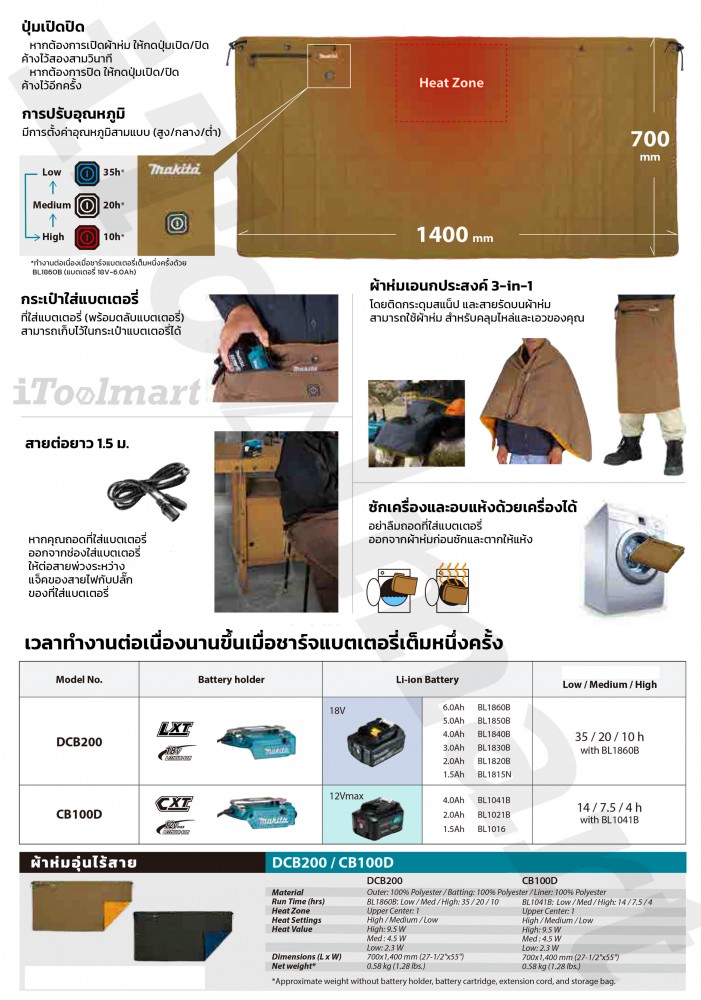 ผ้าห่มอุ่นไร้สาย MAKITA DCB200B 18V. (ตัวเปล่า) Cordless heating blanket
