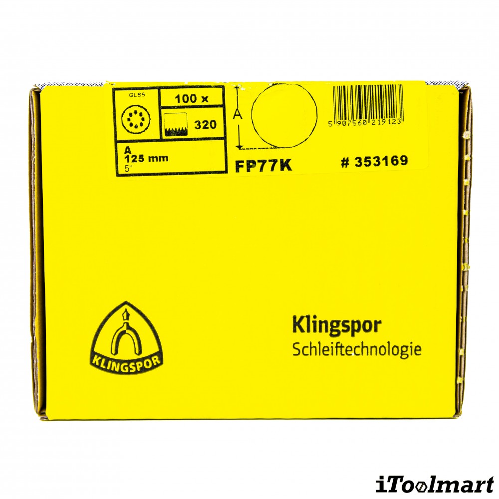 กระดาษทรายกลม 5 นิ้ว Klingspor FP 77 K T-ACT กล่อง 100 ชิ้น
