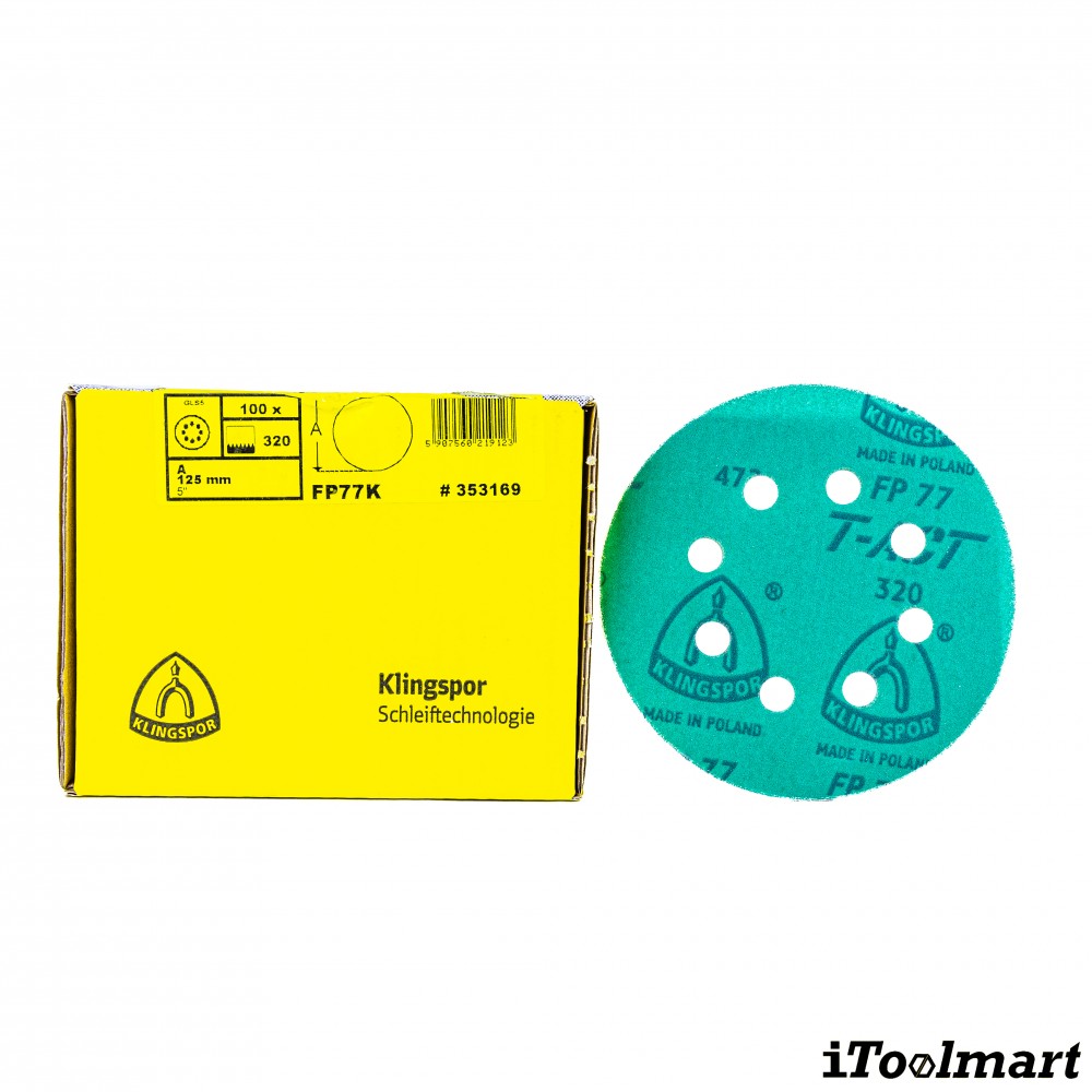 กระดาษทรายกลม 5 นิ้ว Klingspor FP 77 K T-ACT กล่อง 100 ชิ้น